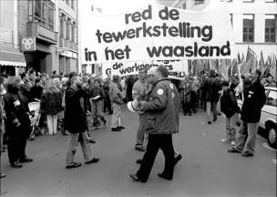 Syndicale actie in de Oeverstraat tijdens het eerste faillisement in 1992