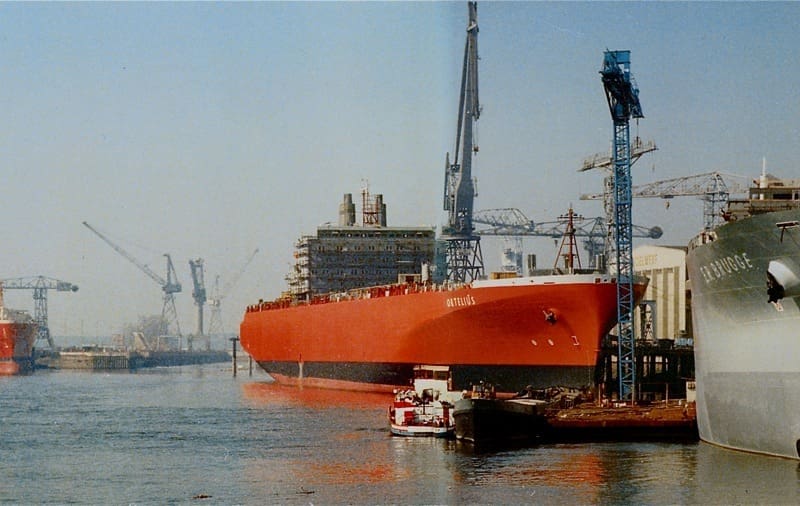 4 schepen (Temse - Methania (achteraan), Ortelius -E.R. Brugge (vooraan), op het toppunt van Boelwerf in 1978