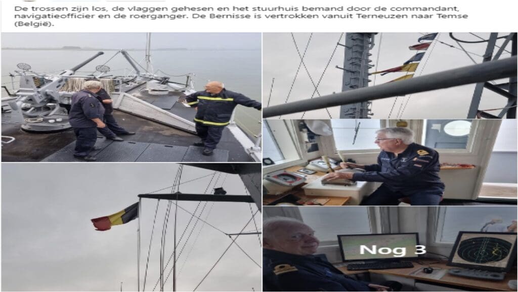 De trossen zijn los, de vlaggen gehesen en de stuurhuis bemand door de commandant, navigatieofficier